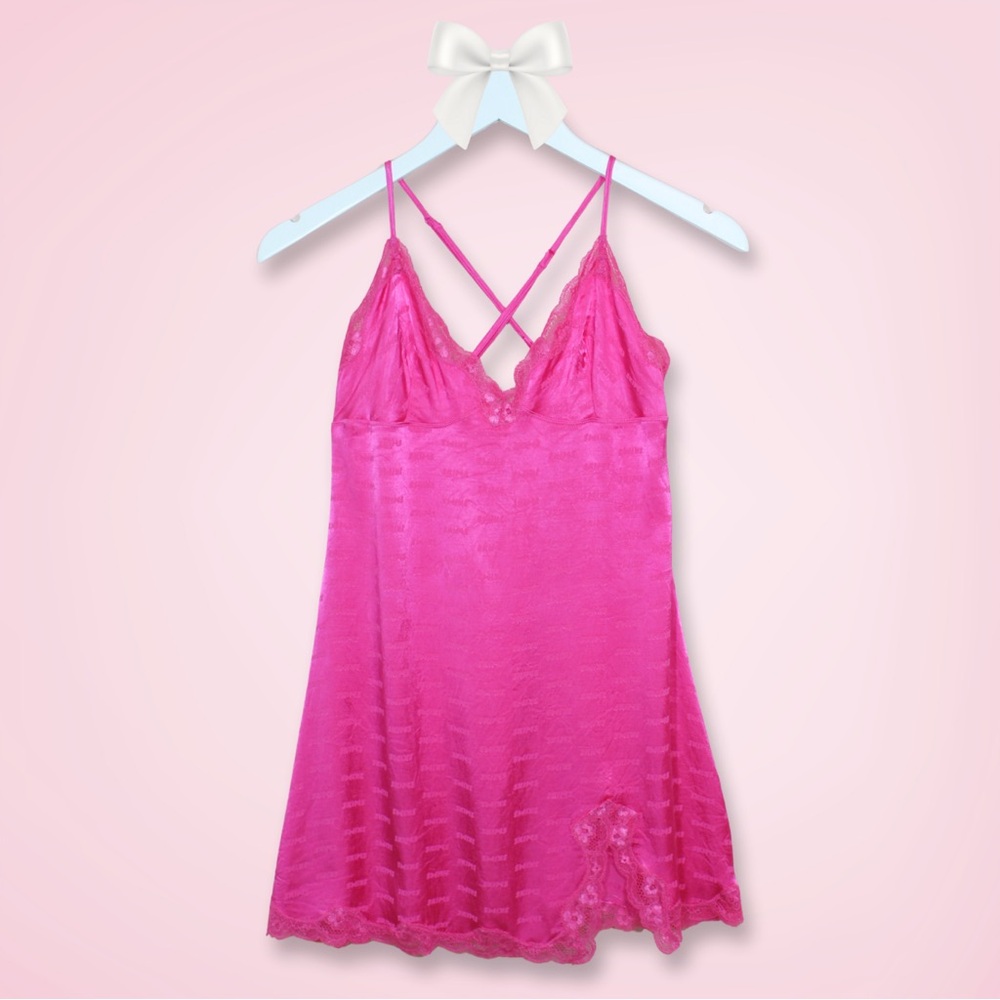 Skims Hot Pink Jacquard Logo Slip Dress | Size Small, Satin Mini Dress Lingerie